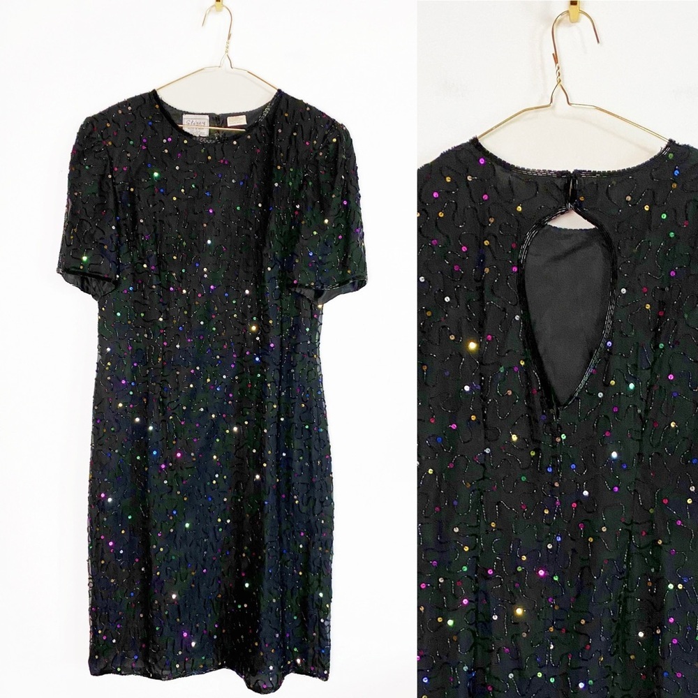 Vtg STENAY Black Beaded Silk Rainbow sequins Formal Dress Womens size 14